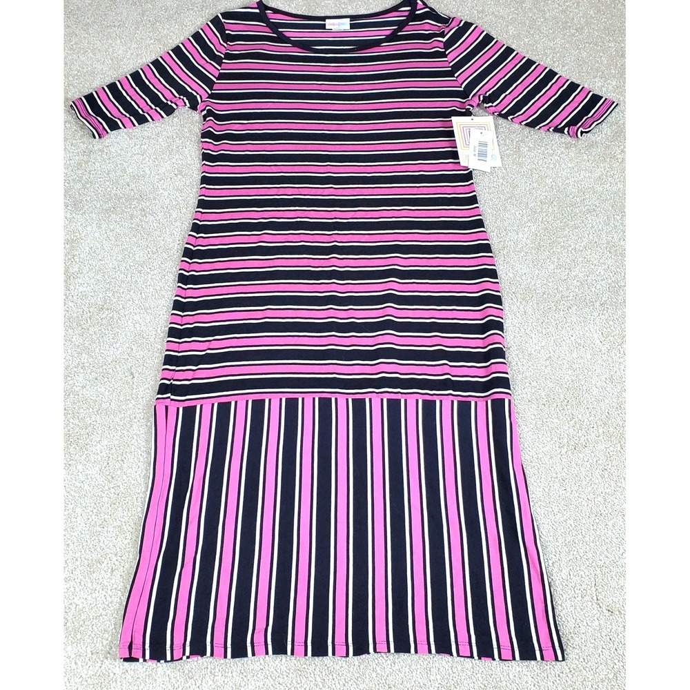 LULAROE Womens Julia Dress Size M Pink Black Striped NWTGS Stretchy 38 1/2" Long